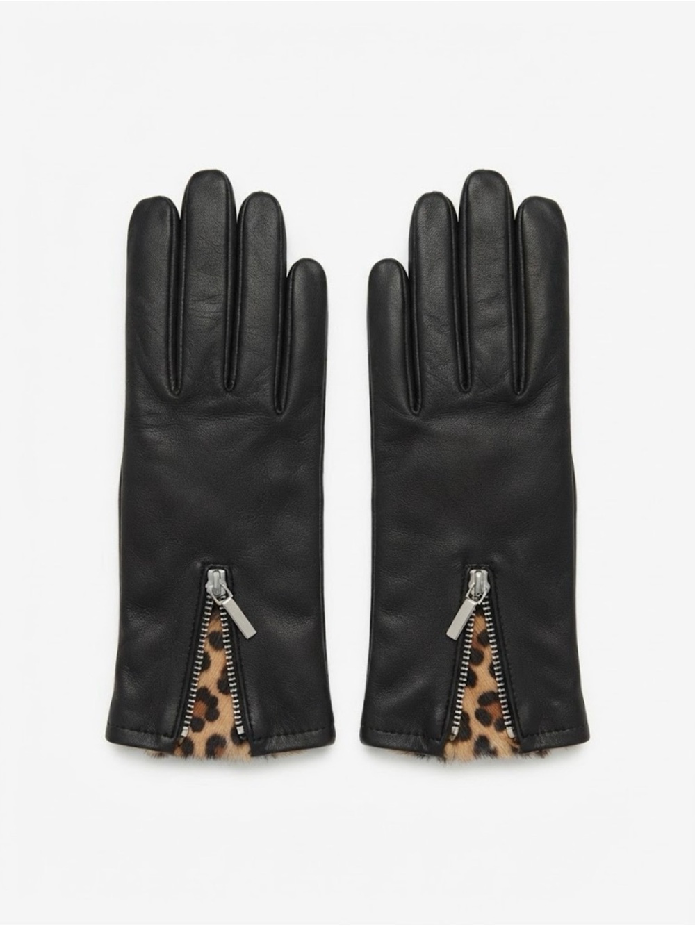 Y2K Le Château Black Leather Gloves with Leopard Print Zip Accents Size M